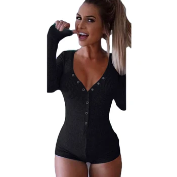 Sexy Deep V Neck Button Jumpsuit Romper Women Elastic Slim Long Sleeve Short Bodysuit Overalls