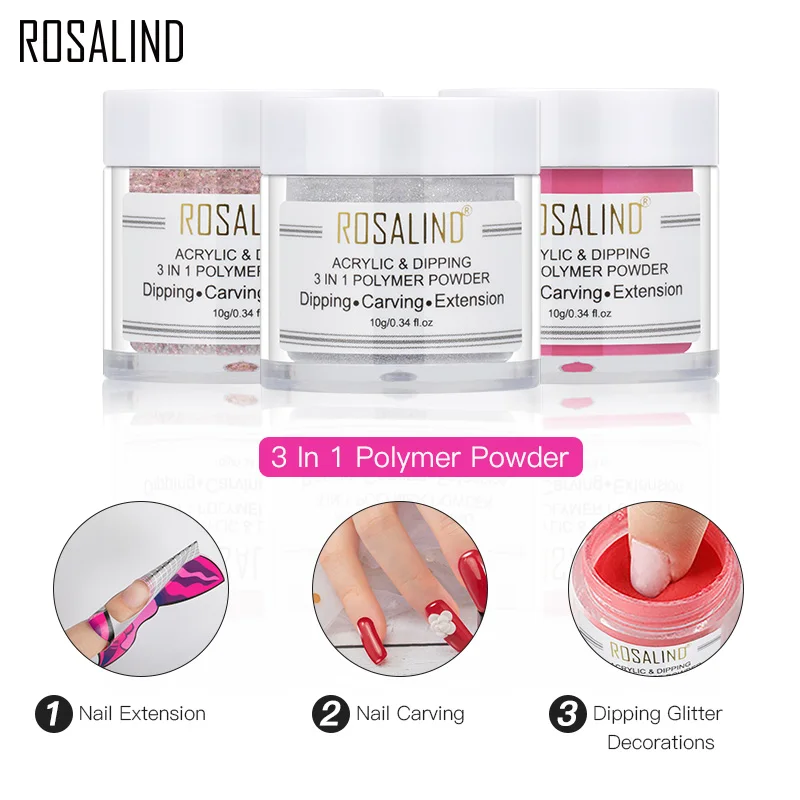 ROSALIND 3 в 1 акриловый погружной порошок для ногтей розовый резной гель для наращивания ногтей Дизайн ногтей маникюр DIY украшения погружающийся порошок