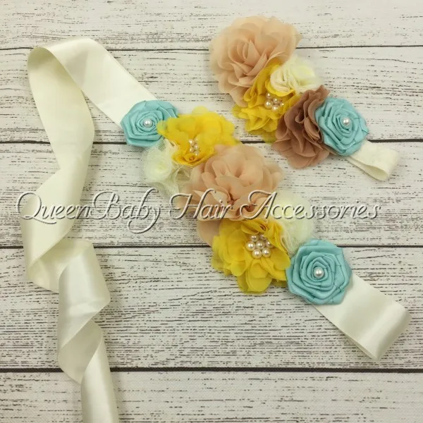 

1set/lot Baby Headband Flower Sash Belt Chiffon Flower Satin Flower Sash Belt Mathcing Headband