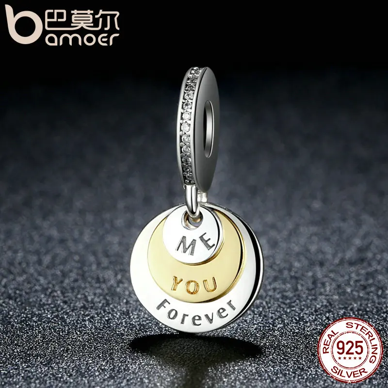BAMOER Romantic Gift 925 Sterling Silver You & Me Forever, Clear CZ Round Pendant Charms fit Bracelet DIY Jewelry PSC017