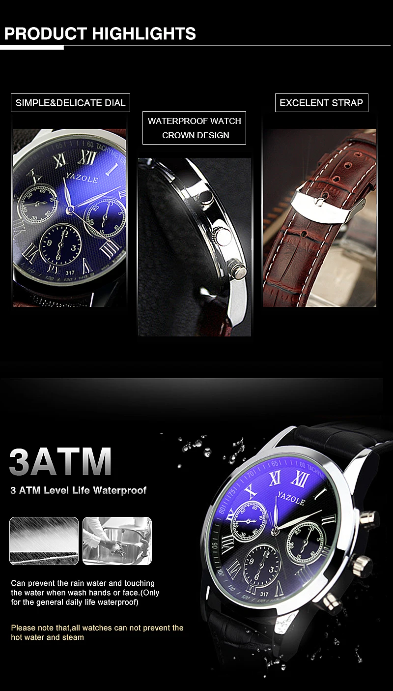 Лидирующий бренд синий Стекло yazole наручные часы Мода Водонепроницаемый Роскошные Для мужчин смотреть Для мужчин Watch Sport Часы часы Relogio Masculino