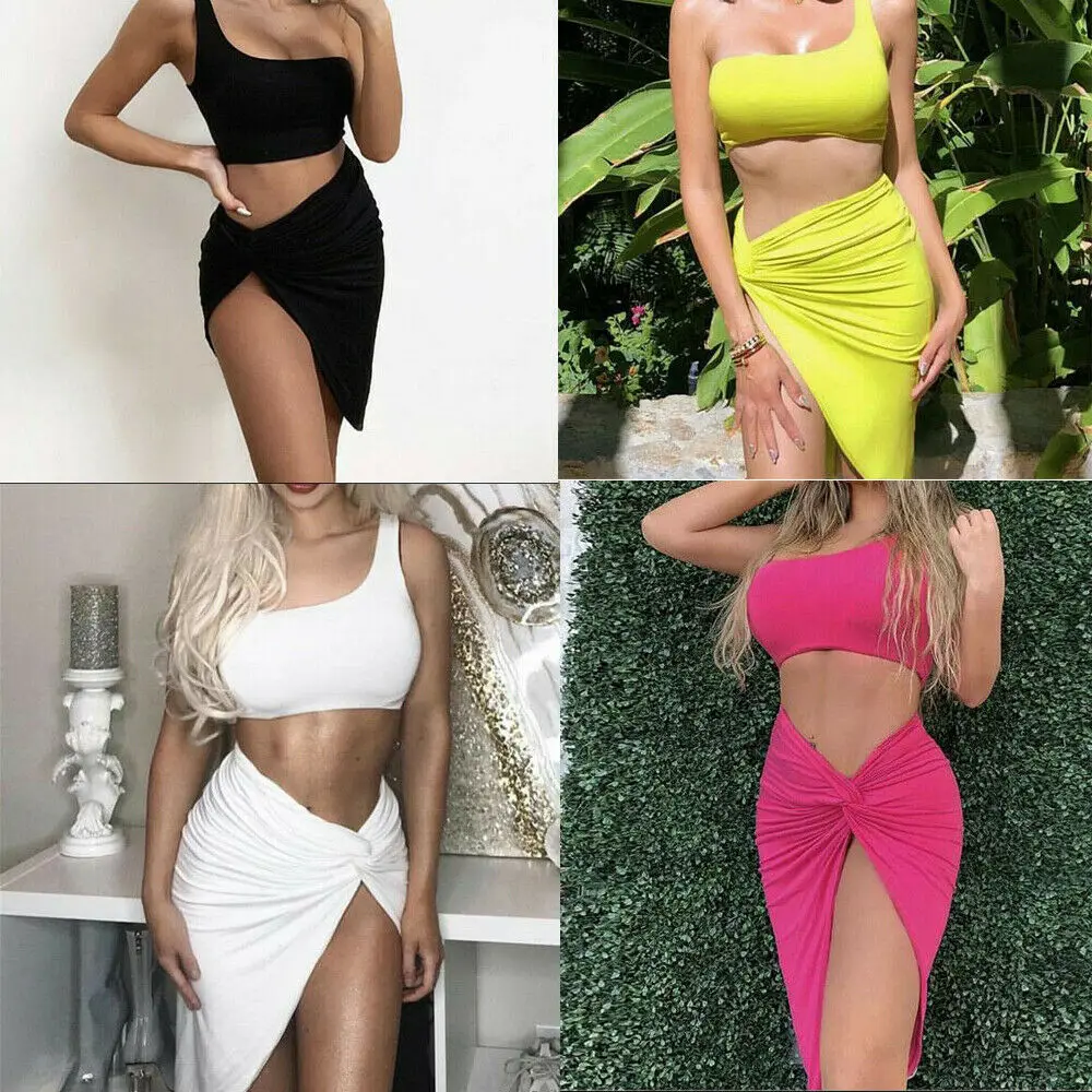 New Style 2 Pieces Set Fashion Sexy Women Tops Solid Clubwear Casual Bodycon Bandage One Shoulder Hot 2019 | Женская одежда