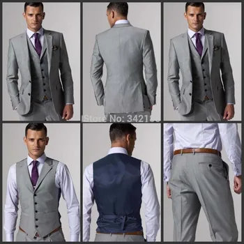 Cena Ems Darmo!! Nowe Boczne Rozcięcia Dwa Przyciski Slim Fit Light Grey Groom Smokingi Groomsmen Mężczyźni Garnitury ślubne/garnitury Kolacja Kurtka + Spodnie + Kamizelka + Krawat