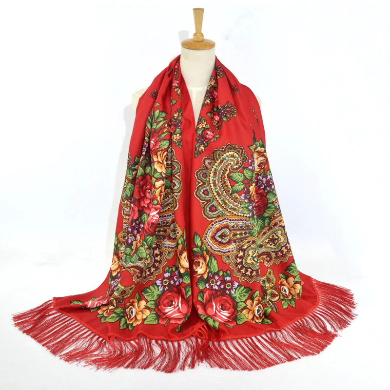  New Russian Federation Women Print Flowers Handmade Long Tassel Cotton Scarf Lady Rectangle Handker