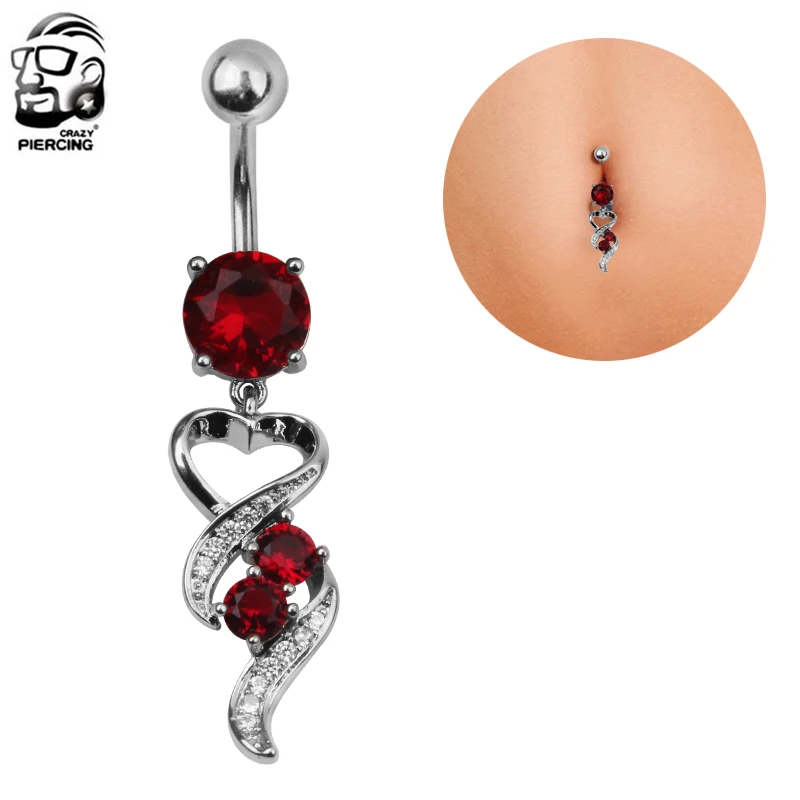 Trendy Red Zircon Heart Navel Bars Belly Button Ring Navel Piercing