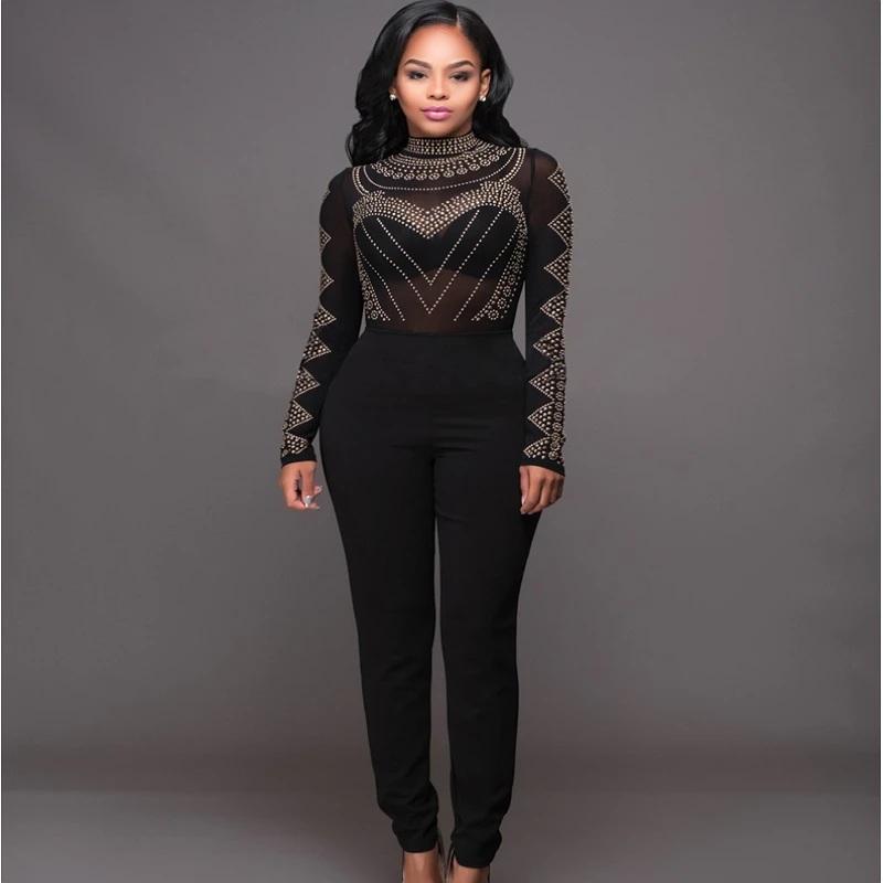 Popular Black Sheer Bodysuit-Buy Cheap Black Sheer Bodysuit Lots Formal Elegant Bandage Jumpsuit And Rompers Women Black Luxury Overalls WorkWear Beaded Sequins Plus Size Sheer - Popular Black Sheer Bodysuit-Buy Cheap Black Sheer Bodysuit Lots