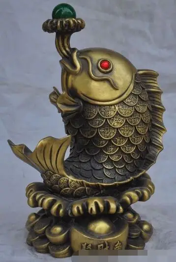 

S01972 12"Chinese bronze wealth yuanbao money coin Goldfish fish play bead lucky statue B0403
