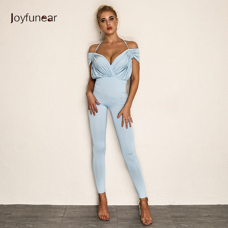 

Joyfunear Solid Color Sexy Romper Playsuit Ladies V-Neck Sleeveless Backless Blue Black Rompers Womens Jumpsuit DropShipping