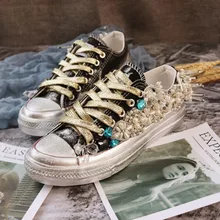 Для женщин горный хрусталь кеды ботинки ручной работы на заказ туфли с объемным жемчужной вставкой цветы из дышащего материала на шнуровке Повседневная обувь wk144