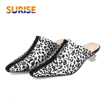 

Big Size 44 Gold Silver Leopard Satin Women Mules Low Crystal Heels Square Toe Pumps Casual Slip-on Summer Outdoor Lady Slippers