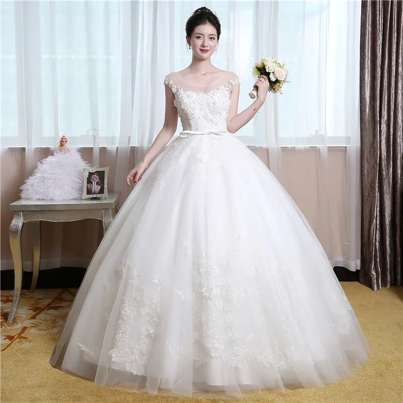 

Elegant Scoop Neck Appliques Backless Lace Up Wedding Dresses Ball Gown Vestidos De Noiva De Luxo Mariage Robe de mariee