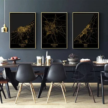

Casablanca Marrakesh Rabat Tangier Morocco City Map Black and Gold Map Canvas Art Print Wall Pictures for Living Room No Frame