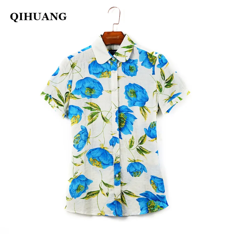 

QIHUANG 2018 Plus Size Blouses Cotton Women Short Sleeve Shirt Summer Fashion Women Tops and Blouses Fashion Work Wear Shirts