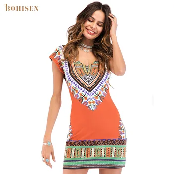 

BOHISEN African Print Dashiki Women Clothes Skirt Short Sleeve V-Neck Sexy Mini African Dress For Women Clothing