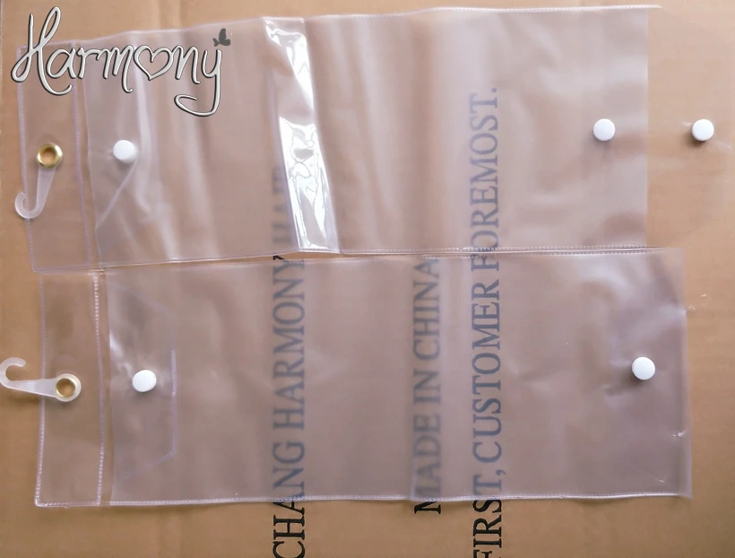 헤어 익스텐션 포장용 플라스틱 pvc 가방, 13cm 너비 100 개, 상단 행거 및 하단 버튼이 있는 투명 포장 백