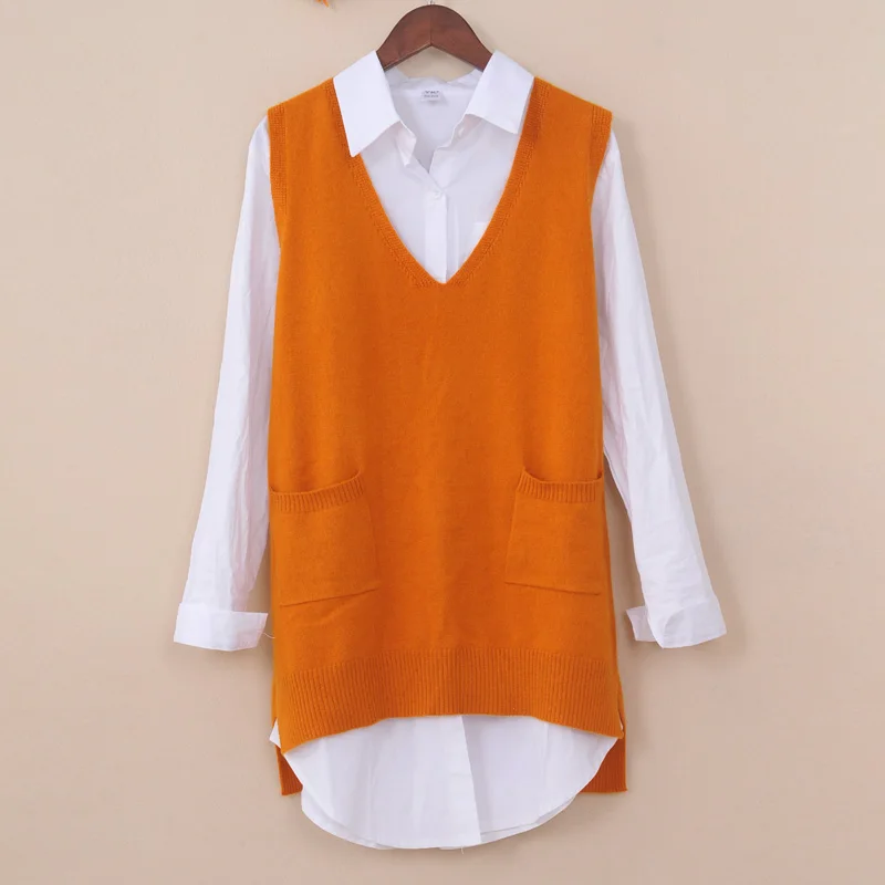 

MVLYFLRT Spring New Cashmere Vest in the Long Section V- Neck Bottoming Shirt Women Loose Wild Sweater Solid Color Coat