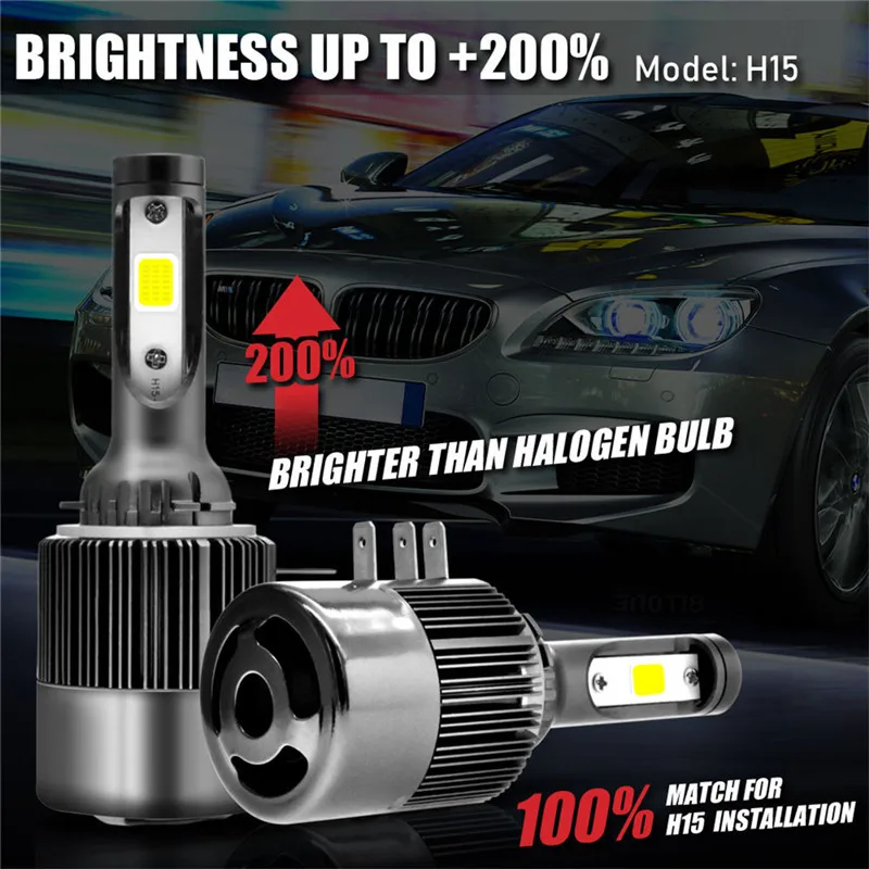 

kongyide Car Light 2Pcs H15 360 Degree Car Led Headlight Bulbs 110W 26000LM Conversion Kit For Car 9V-32V 6000K White je3