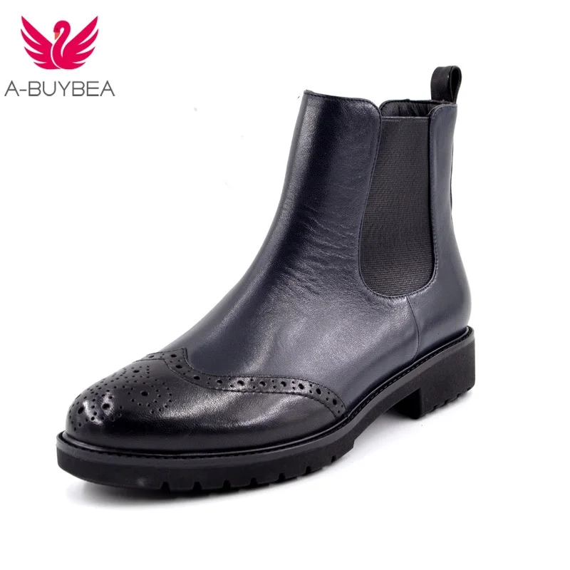 

Women's Winter Ankle Boots Blue Blocked Low Heel Genuine Leather Shoes Ladies Anti-slip Round Toe Brogue Wingtips Chelsea Boots
