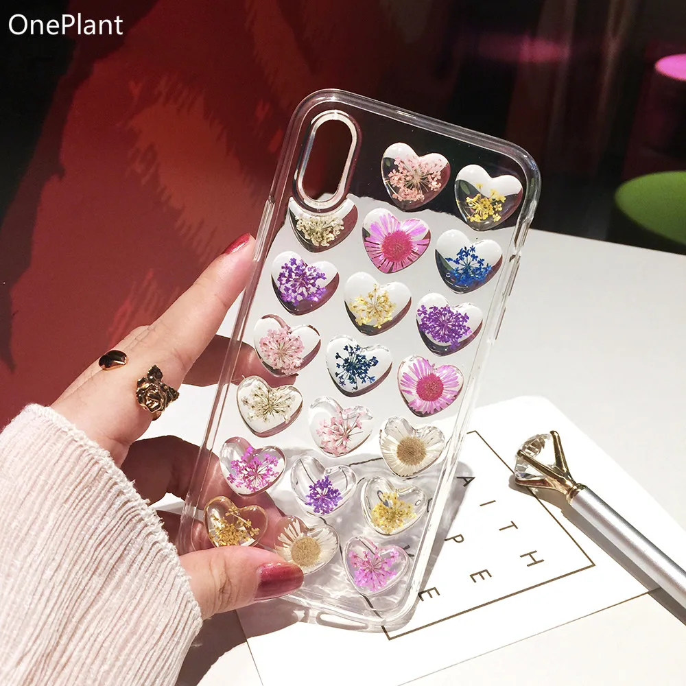 

OnePlant Handmade Natural Real Dried Flowers Phone Case For iPhone 6 6s 7 8 Plus X XS XR MAX Love Heart Soft TPU Silicone Cover