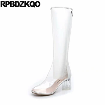 

designer shoes women luxury 2018 clear new high heel waterproof long casual black transparent white sexy knee chunky pvc fall