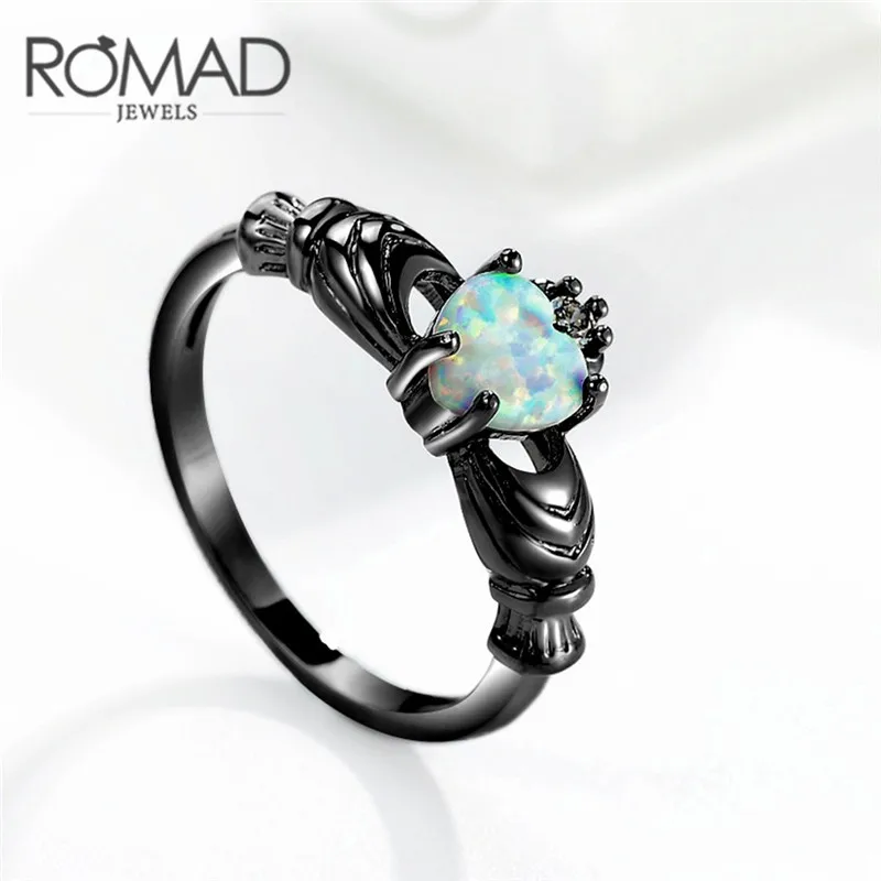 

Romad Elegant Heart Cut Rainbow Opal Claddagh Ring for Women Wedding Jewelry Black Gold Filled Engagement Promise Rings