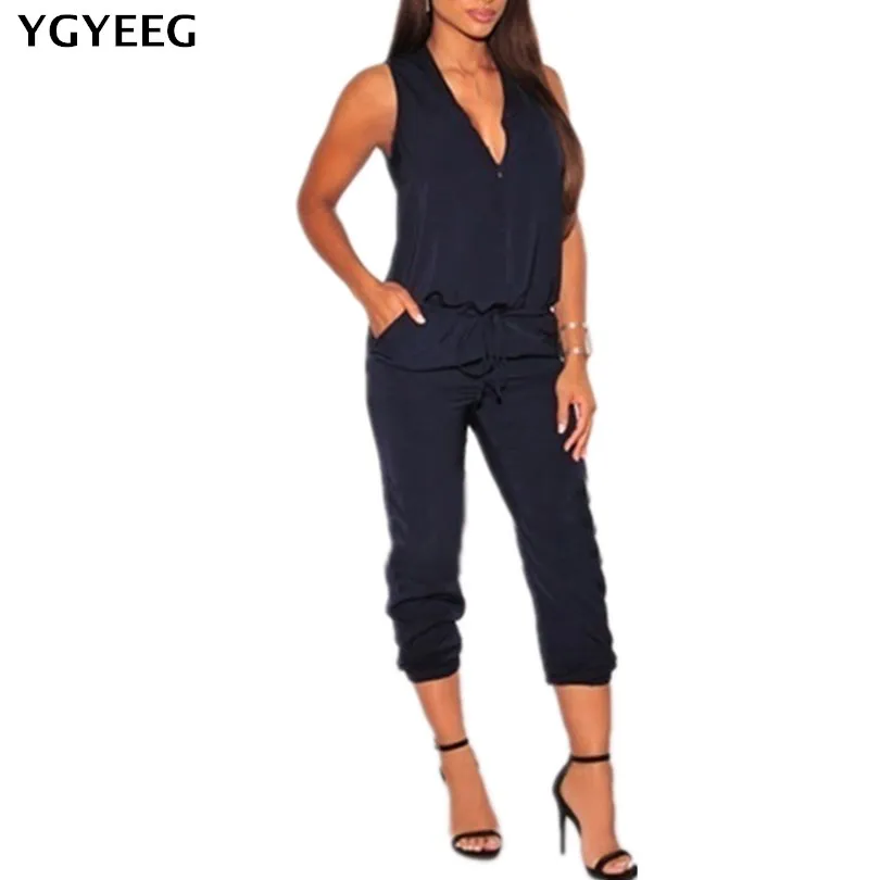 

YGYEEG Women Jumpsuit Romper Sleeveless V Neck Casual Playsuit Overalls Ladies Loose Apricot Black Playsuit Sexy Jumpsuits 4XL