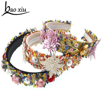 

Women Vintage Personality Luxury Flower headband Baroque exaggerated pearls headband catwalk dance headband bridal jewelry