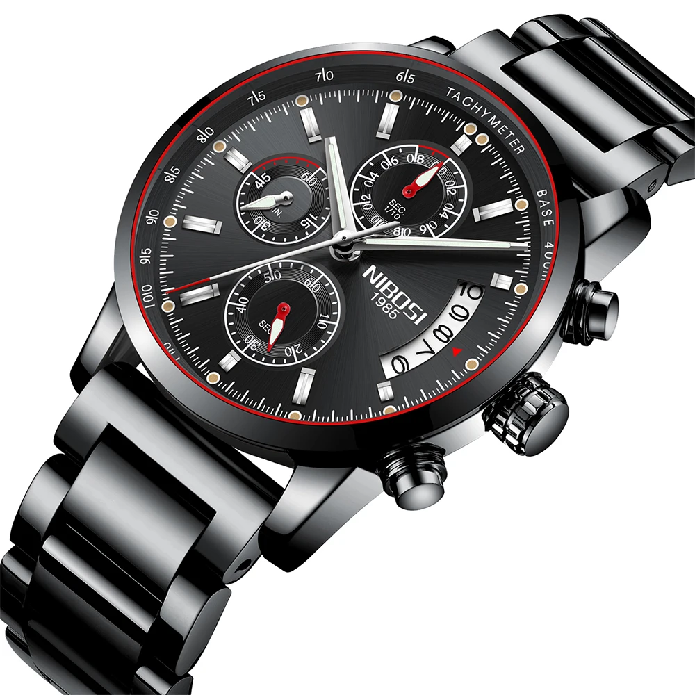 

NIBOSI Business Men's Watch Luxury Waterproof Man Clock Stainless Steel Chronograph Black Quartz Watches Men Relogio Masculino