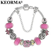 KEORMA Lovely Girl Silver Color Women Bracelet Murano Glass Bead Crystal Breast Cancer Awareness Pink Ribbon Charms Bracelet