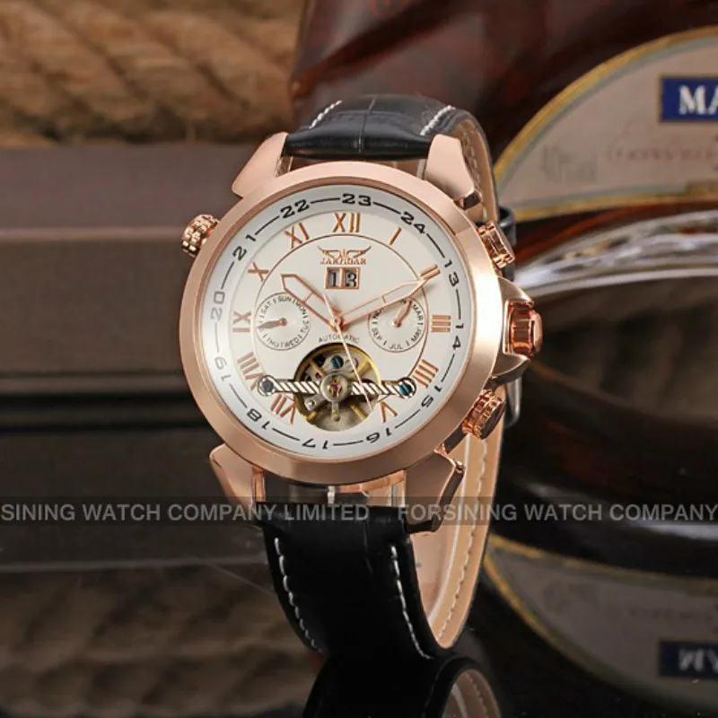 

Jargar Day Display Calendar Tourbillon Analog Men's Automatic Watch Black Genuine Leather Strap