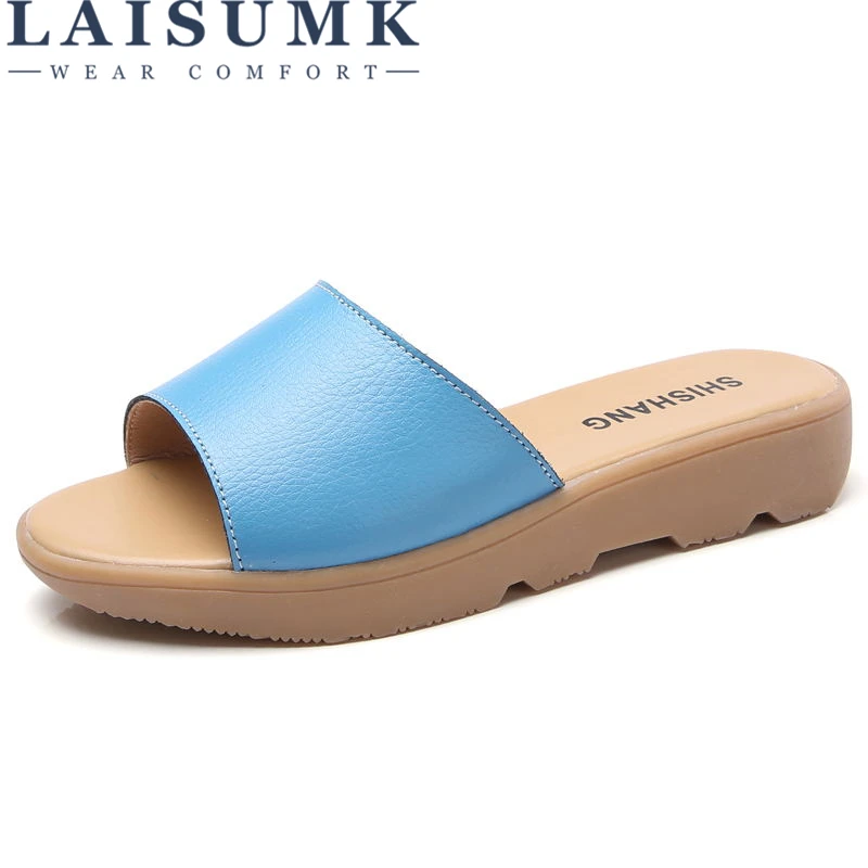 

LAISUMK 2019 Summer Slippers Women Platform Sandals Shoes Women Slides Sandals Beach Platform Slip-On Round Toe White Flip Flops