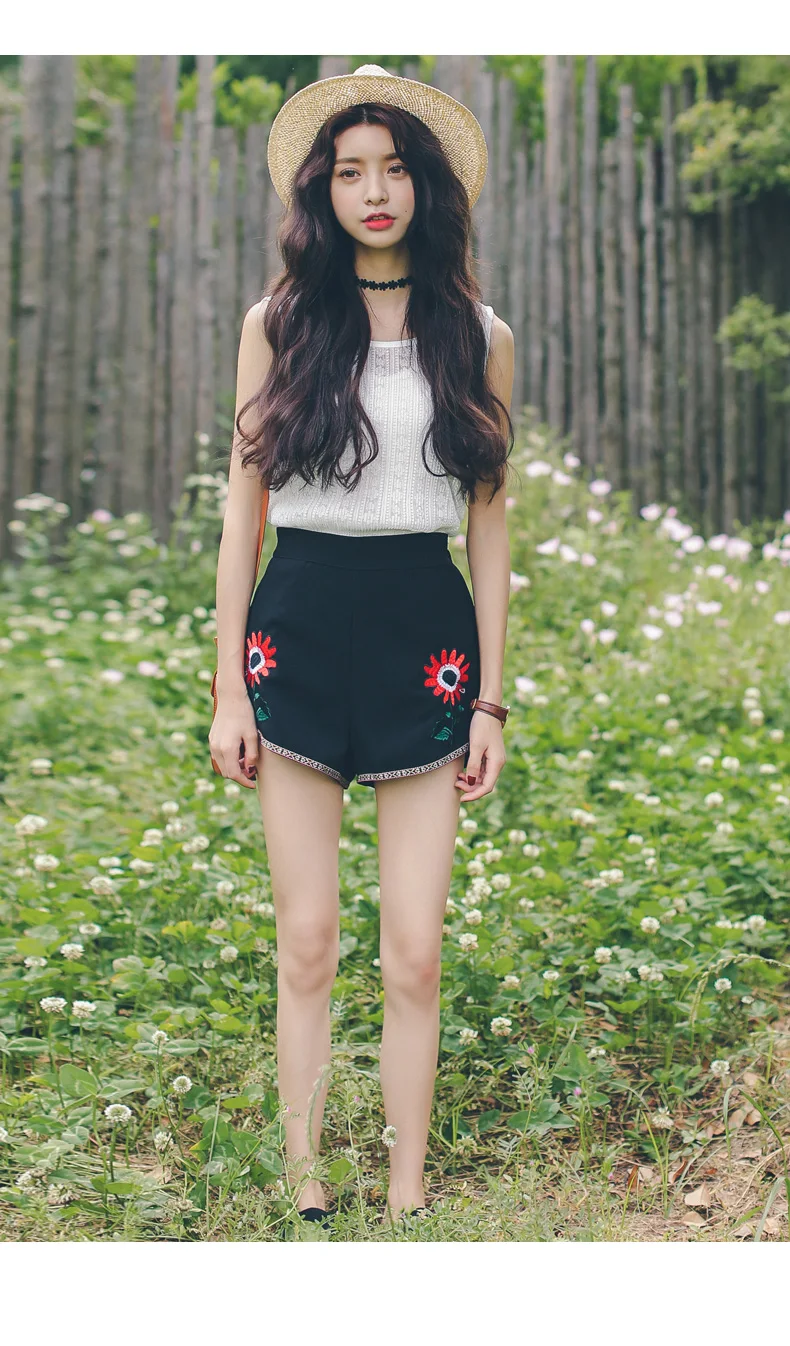 Qiukichonson летние шорты с вышивкой женские корейские Модные Винтажные Флористический с высокой талией Шорты белые черные шорты Горячие Брюки