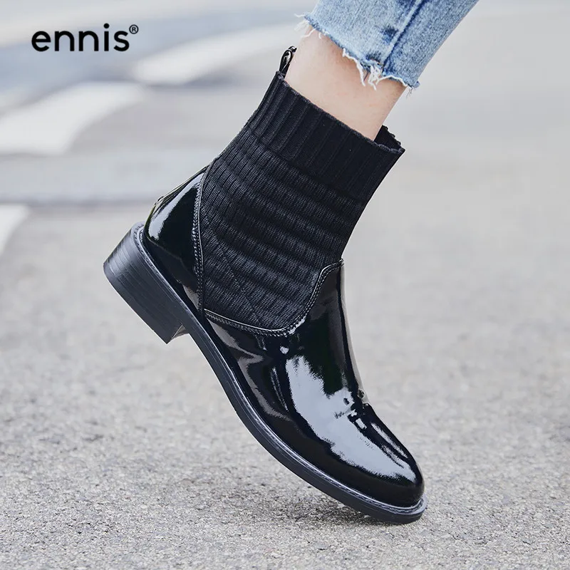 

ENNIS 2019 Autumn Boots Female Ankle Sock Knitting Boots Genuine Leather Black Boots Low Heel Patent Leather Shoes Fashion A947
