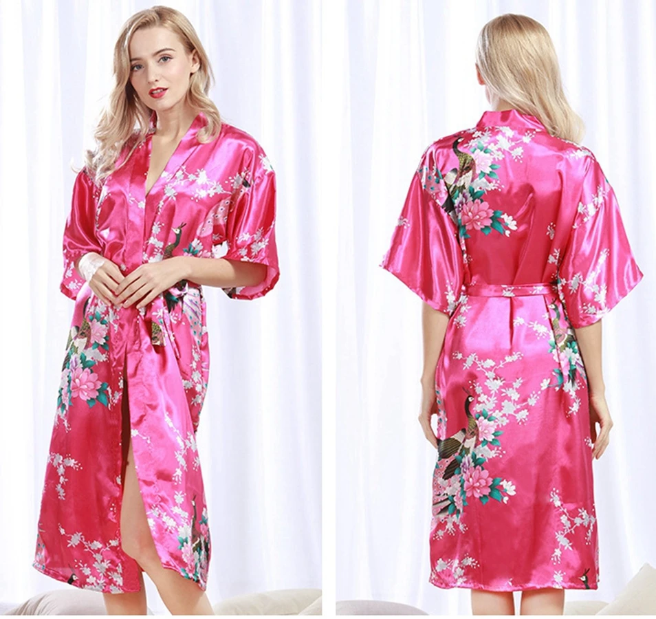 Лидер продаж отличное качество длинное кимоно Халаты стильный мягкий Ткань атласная Свадебная Цветочные Павлин халат шелковый свадебный