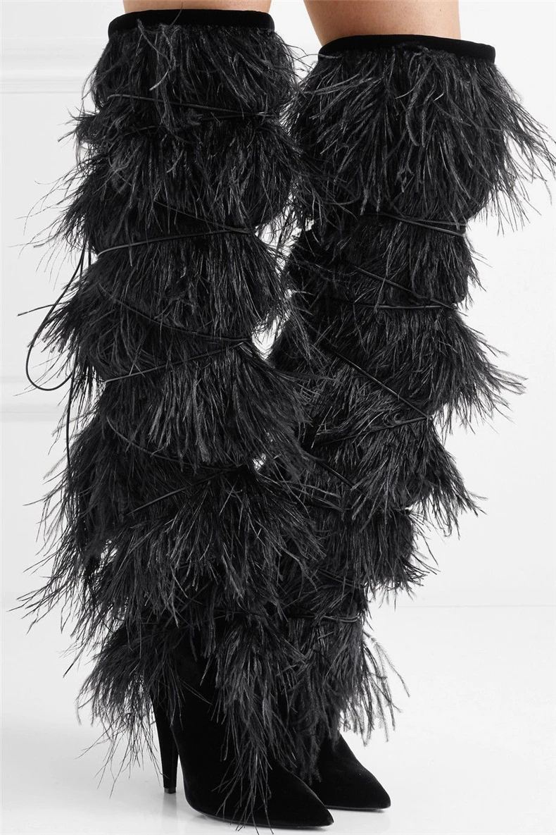 

Carpaton Runway Pointed Toe Ostrich Feather Fringed High Heel Boots Sexy Spike Heels Lace up Over the knee Boots Black White