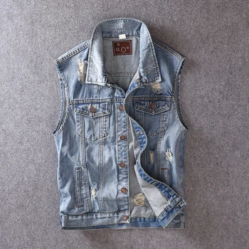 Fashion Streetwear Men Vest Blue Color Destroyed Ripped Denim Sleeveless Jackets Casual Outwear British Style Hip Hop Vest Men fashion streetwear men vests patch designer camouflage ripped biker sleeveless jackets men destroyed hip hop denim vest hombre