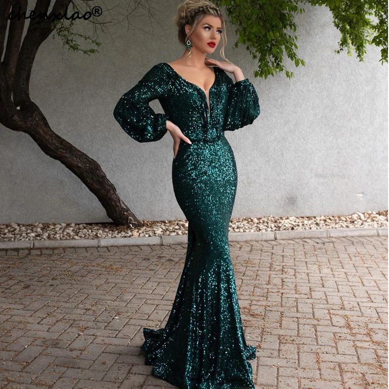 

Muslim Green Evening Dresses Long 2019 V-Neck Full Sleeves Special Occasion Formal Mermaid Evening Dress Vestido De Festa Longo