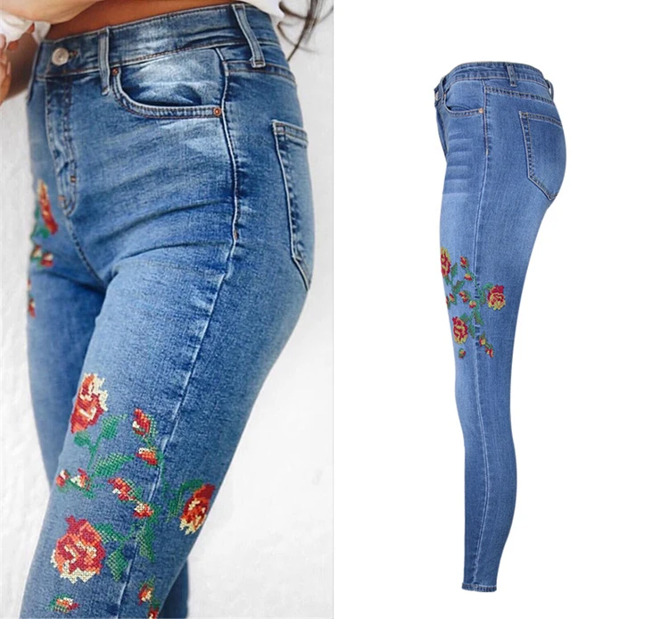 2017 European and American women's high waist elastic front and rear side of the cross embroidery roses washed cat to be cowboy pants pants pants (4)