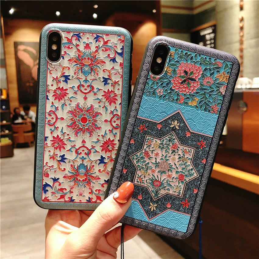 

3D Beautiful chinese ethnic style palace flower Soft TPU Back Case Cover for Apple iPhone 5 5S 6 6s 7 8 Plus X XR XS Max
