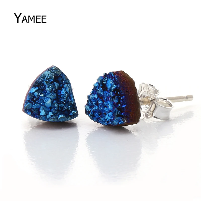 

2017 New 925 Sterling-Silver-Jewelry Natural Quartz Druzy Stone Stud Earring handcrafted Square Triangle