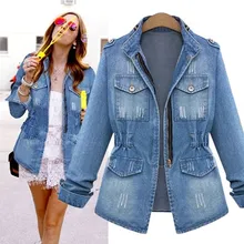 Plus Size Women Slim Denim Jacket Spring Autumn Long Sleeve Short Jeans Coat Casual Female Elastic Waist Blue Denim Outwear 5XL
