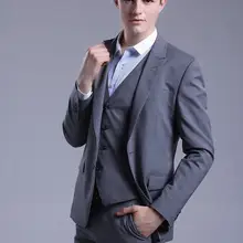 Две кнопки светло-серый максимумом нагрудные из 3 предметов(куртка жилет штаны галстук) высокое качество Slim fit Мода Terno Masculino Свадебные Для мужчин костюмы