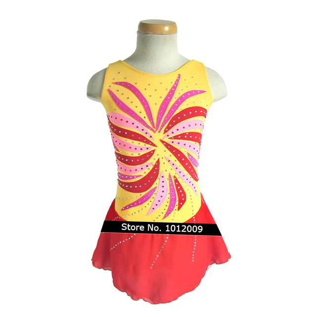 Cheap Customized Costume Ice Skating Figure Skating Dress Gymnastics No Sleeve Red Yellow Adult Girl Show Skirt Performance Rhinestone