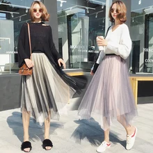 3-слойная фатиновая летняя юбка Для женщин Нерегулярные с плиссировкой, до колен юбка Цвет одинаковая Высокая Талия Юбка Faldas для Для женщин