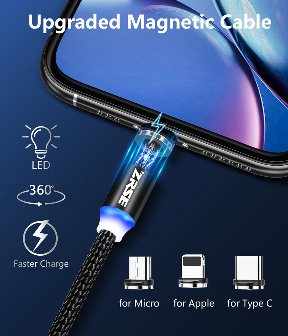 ZRSE Магнитный Micro USB кабель для iPhone XS Max XR X 8 7 Plus type C кабели 3 в 1 светодиодный USB-C мобильный провод для зарядного устройства для Redmi