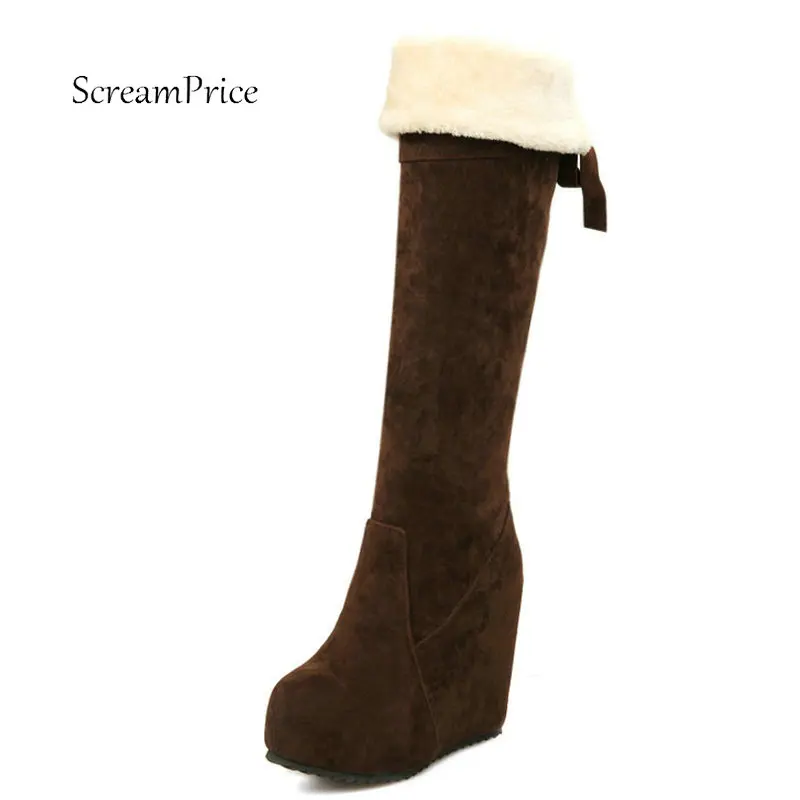 Prix Chaussures À Talons hauts Hiver Nouveau Faux daim fourrure bottes De Neige femmes talons compensés sur les bottes au genou