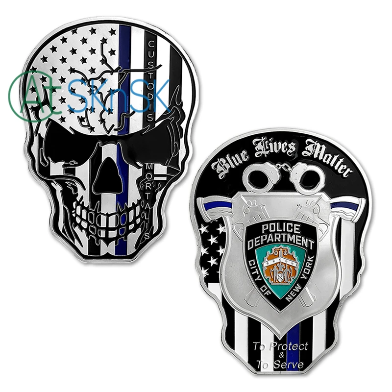 

New design United States of America thin blue line blue lives matter skull shape police challenge coin military souvenir medal