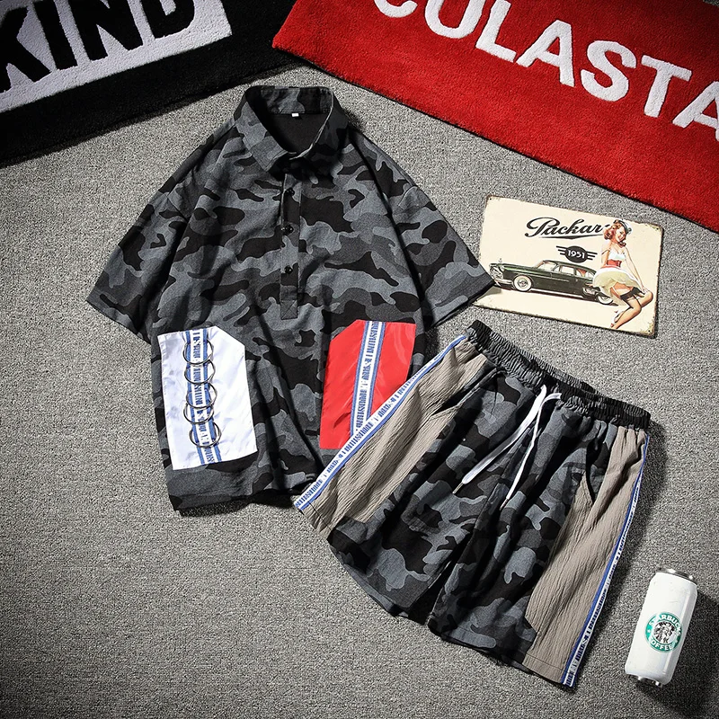 

Camouflage Mens Clothing Set Fashion Hip Hop Tracksuit Short Sleeve Sweatshirt+Pant 2 Piece Set Joggers