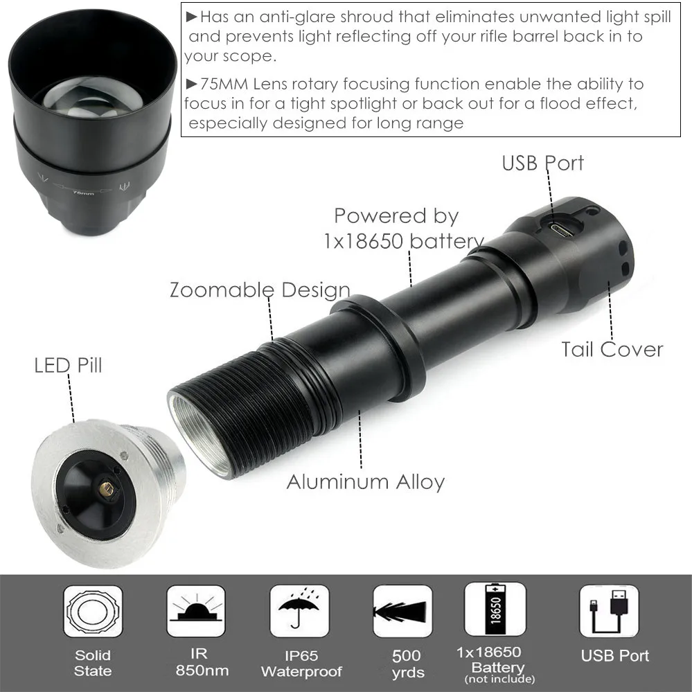 UniqueFire 1605 IR 940NM светодиодный светильник-вспышка 75 мм объектив инфракрасный светильник с функцией ночного видения перезаряжаемый фонарь с usb-кабелем для зарядки