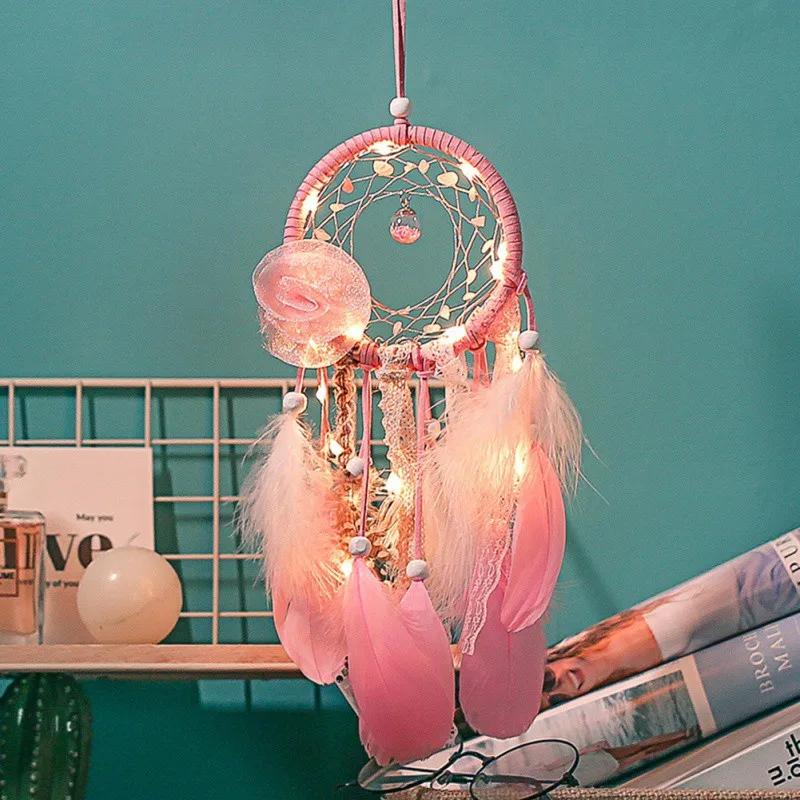 Dream Catcher Wind Chimes Handmade Dreamcatcher Feathers Night Light Decorations Car Wall Room Hanging